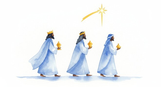 A delicate watercolor depiction of the three wise men walking under the guidance of a bright star - Powered by Adobe