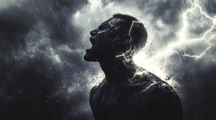 Obraz premium A Storm of Emotions: A Detailed Representation of a Man Overwhelmed by Raw Anger Amidst NatureÆs Fury and Turbulence