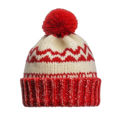 Red and white striped winter hat isolated on transparent background.
