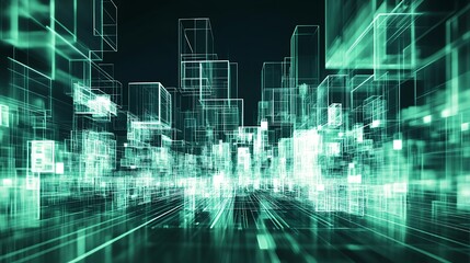 Obraz premium Abstract Green Wireframe Cityscape Digital Art