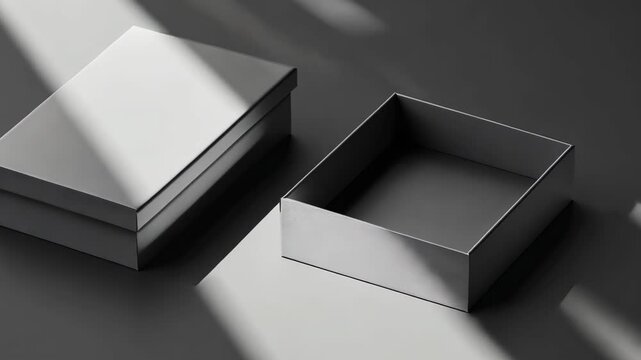 Minimalist gray box with lid resting beside an open box casting shadows on a textured surface
