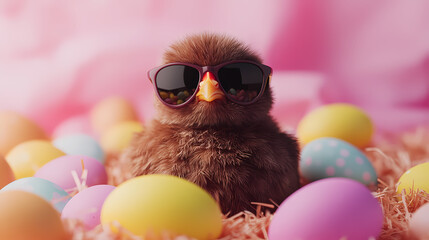 Cute chick wearing sunglasses surrounded by colorful Easter eggs in a festive setting. Generative AI