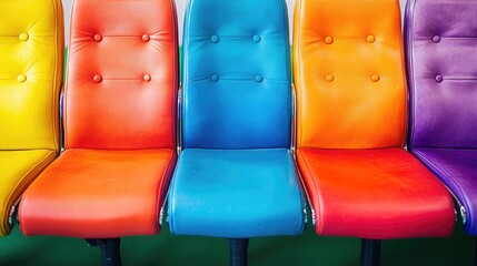 Obraz premium Vibrant rainbow-colored chairs in a row. Perfect for waiting rooms, creative spaces, or adding a pop of color to any setting.