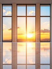 Sunset View Through Large Windows - Serene sunset, reflecting on polished floors, symbolizes peace, tranquility, opportunity, hope, and new beginnings.