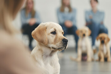 focused puppy in training class, surrounded by attentive participants and other puppies. atmosphere is engaging and supportive, fostering learning and socialization