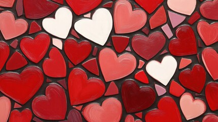 Obraz premium Red hearts of different sizes and shades in a mosaic pattern on a page. Dark red background.
