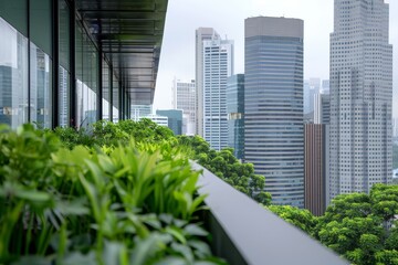 A city implementing green infrastructure featuring green roofs and vertical gardens Focus on innovative urban solutions to mitigate the impact of climate change