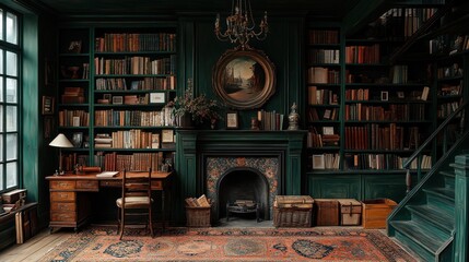 Dark green library with bookshelves, fireplace, desk, and stairs.