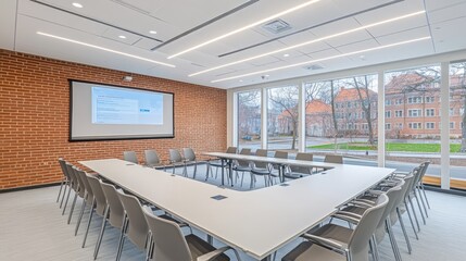 Modern conference room with U-shaped table and projector screen ideal for meetings presentations and collaborative work. Large windows provide natural light.