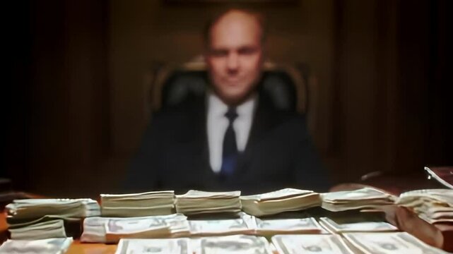 A greedy politician sits behind the table with piles of money on it, looking smug