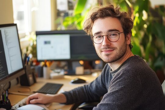 Programmer designing system infrastructure and coding solutions in a creative workplace, focusing on web development projects