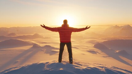 Obraz premium Majestic Sunrise: A Man Embraces the Breathtaking Arctic Panorama