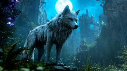 Arctic Wolf in Moonlit Ruins: A Digital Fantasy