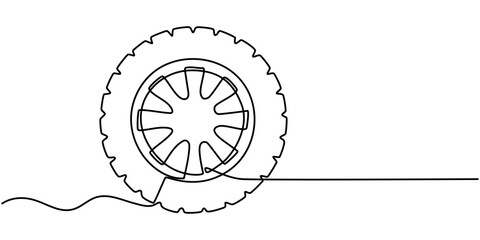 continuous drawing of a car tire in one line. vector, One continuous line illustration of a car wheel, isolated on white background. Line art of car wheel. Tire Hand Drawn Icon, Doodle Style Vector.  © line drawing