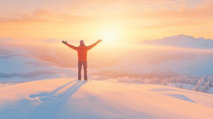 Fototapeta premium Majestic Sunrise: A Man's Triumphant Stand on a Snow-Covered Mountain Peak