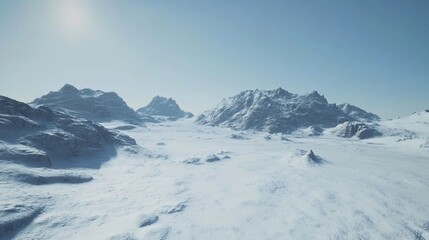 Serene Winter Landscape: Snow-Covered Mountains and Expansive Plains