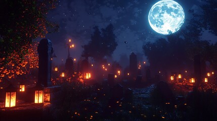 Haunted graveyard with glowing lanterns and shadowy figures under a full moon
