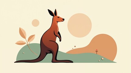 Minimalistic kangaroo silhouette walking in a modern landscape with abstract shapes