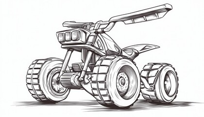 A futuristic ATV design with chunky tires and a sleek frame. Ideal for games, animations, or graphic design projects.