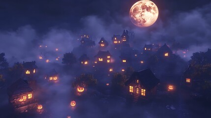Haunted village with glowing pumpkins and swirling fog under a full moon