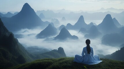Zenith Serenity: A Woman Meditates Amidst Misty Mountains