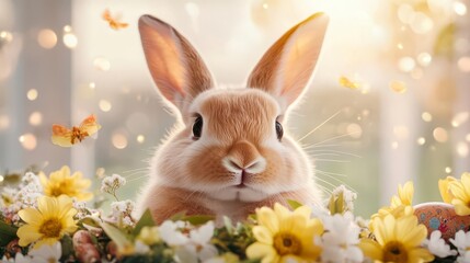 Fototapeta premium Adorable bunny nestled in vibrant spring flowers, butterflies flutter by!