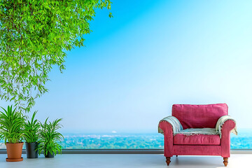 Fototapeta premium Reuse fabrics for home decor. cozy shabby chic armchair in bright room with plants and view