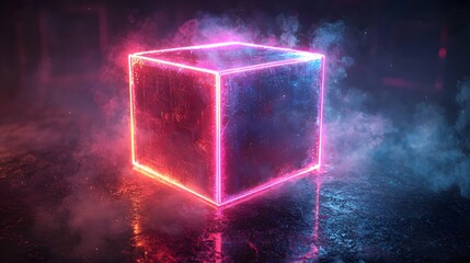 Floating Neon Cube With Glowing Edges in Minimal Black Space for Modern Product Concept