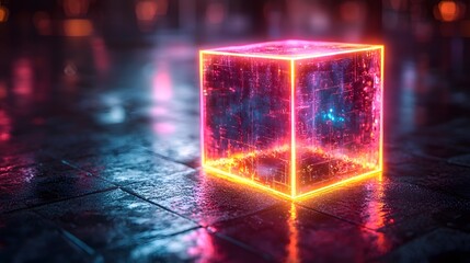 Floating Neon Cube in Minimal Black Space for Modern Product Display