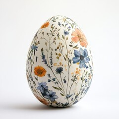 A white egg with blue and orange flowers painted on it