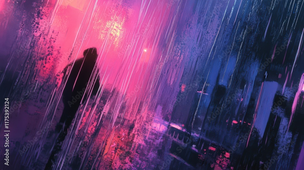 Canvas Prints Solitary Figure Walking Through Neon Rain Lit City