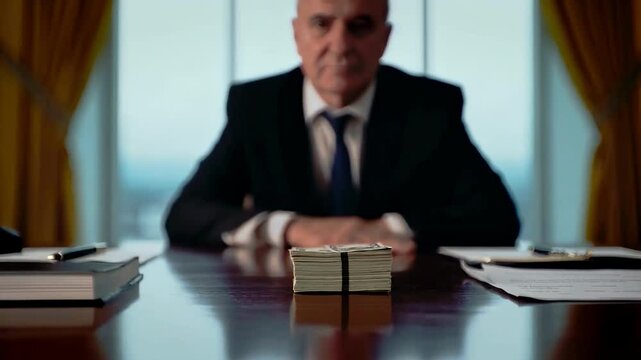 A greedy politician sits behind the table with piles of money on it, looking smug