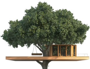 Modern Treehouse Built into a Large Oak Tree with Wooden Deck and Dense Foliage on transparent background