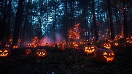 Spooky forest with glowing pumpkins and swirling mist in the air