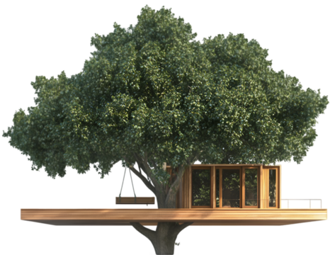 Modern Treehouse Built into a Large Oak Tree with Wooden Deck and Dense Foliage on transparent background