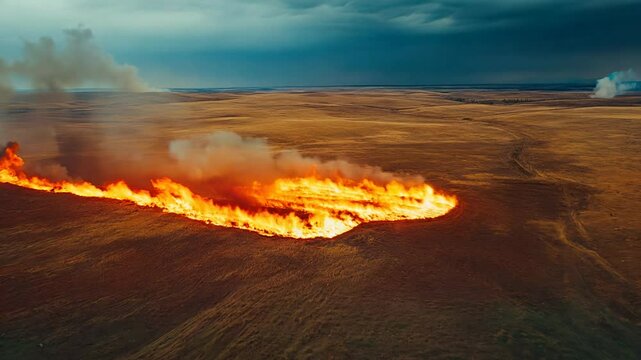 A wildfire spreading through a grassland, with bright flames
