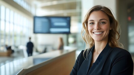 Fototapeta premium Professional woman in business attire, horizontal, for corporate recruitment, business consulting, leadership training and professional development content. career services and workplace success promo