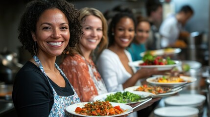 Fototapeta premium Smiling participants proudly display their culinary creations after a lively cooking class bonding over shared flavors and techniques