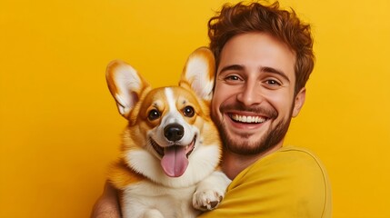 Man with corgi dog on yellow background, horizontal, ideal for pet services, veterinary clinics, pet supplies stores and animal care content. Perfect for pet adoption campaigns.