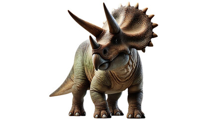 A 3D rendering of a triceratops in a lifelike pose, showcasing its horns, textured skin, and prehistoric majesty. Isolated