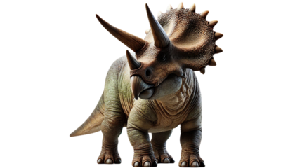 A 3D rendering of a triceratops in a lifelike pose, showcasing its horns, textured skin, and prehistoric majesty. Isolated