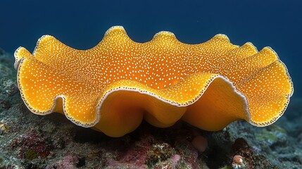 A vibrant yellow sea slug with white spots and ruffled edges rests on the ocean floor. Ideal for ocean-themed designs or highlighting marine biodiversity.