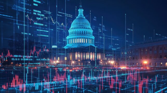 US Capitol Building at Night with Digital Overlay of Financial Data - Powered by Adobe