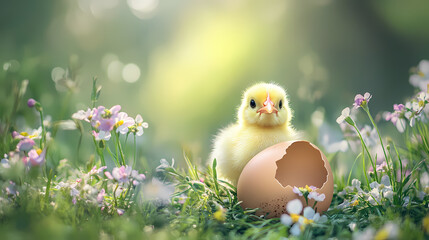 Newborn chick hatches from egg among vibrant spring flowers in a sunny meadow. Generative AI