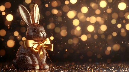 Chocolate Easter Bunny Banner design. Greeting card with Golden decorations and place for text. Magic lights bokeh background