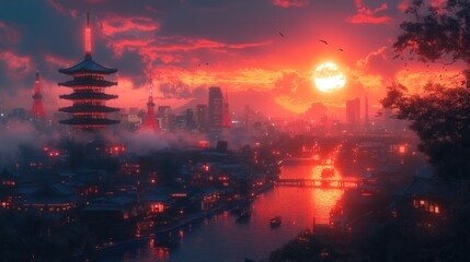 Fototapeta premium Futuristic Tokyo Sunset with Cartoon Panda and Neon Street Lamp, vibrant colors, urban landscape, whimsical atmosphere, enchanting scene