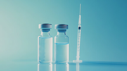 Glass vials of vaccine and syringe set against a cool blue background in a clinical setting. Generative AI
