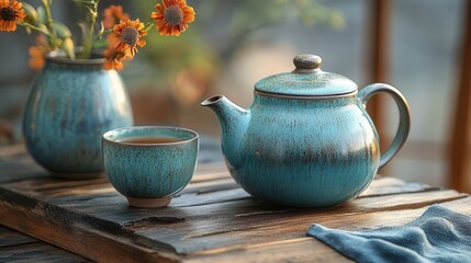 Ceramic teapot set with infuser, elegant tea cup, perfect for serene tea moments, showcases craftsmanship and timeless design