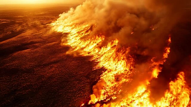 A wildfire spreading through a grassland, with bright flames