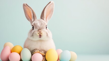 Adorable bunny surrounded by pastel Easter eggs; a delightful springtime scene!
